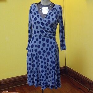 Boden Blue Polka Dot Fit and Flare V-Neck Dress